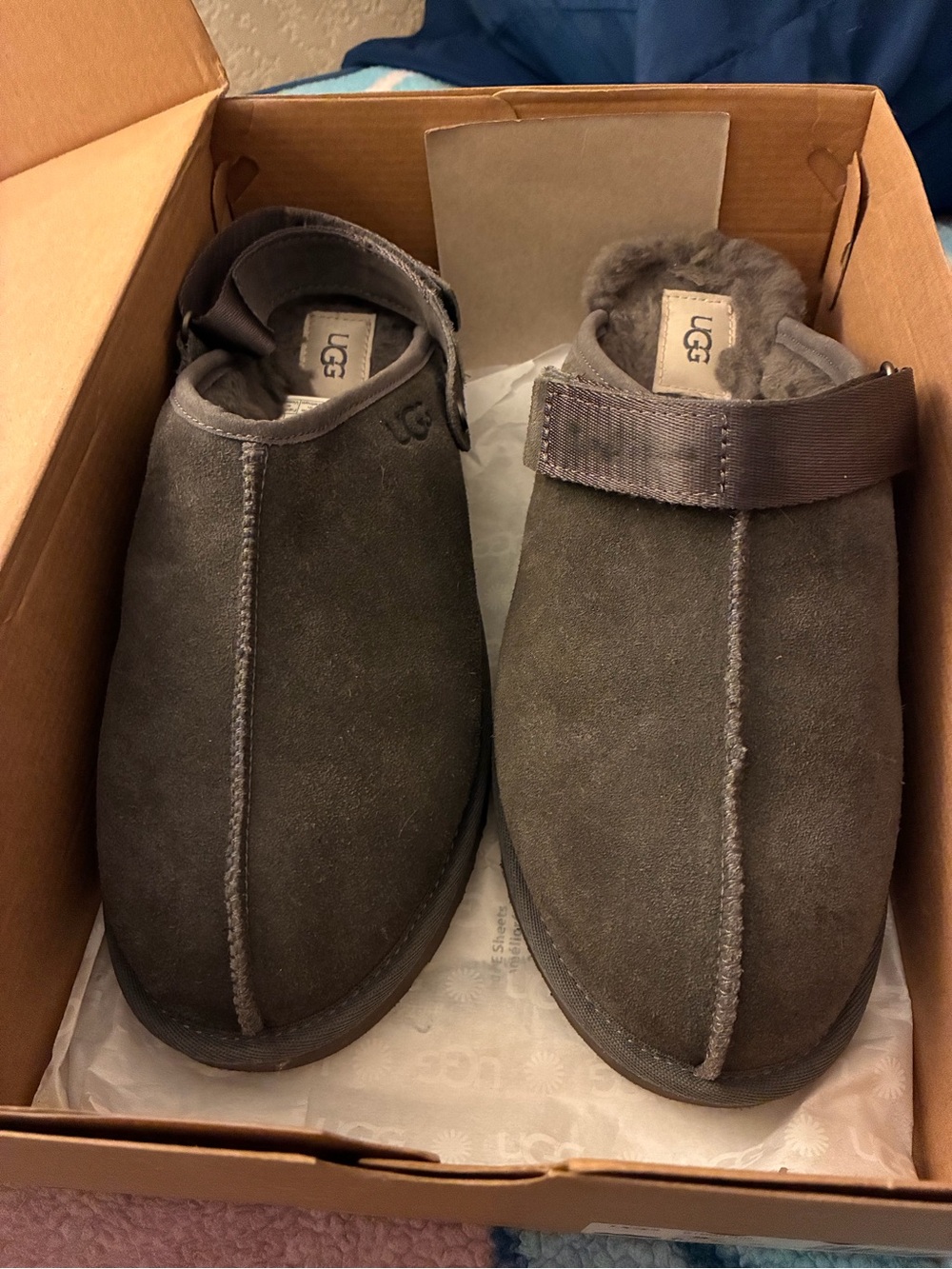 UGG women’s Charcoal Suede Shearling Slip-On Clogs